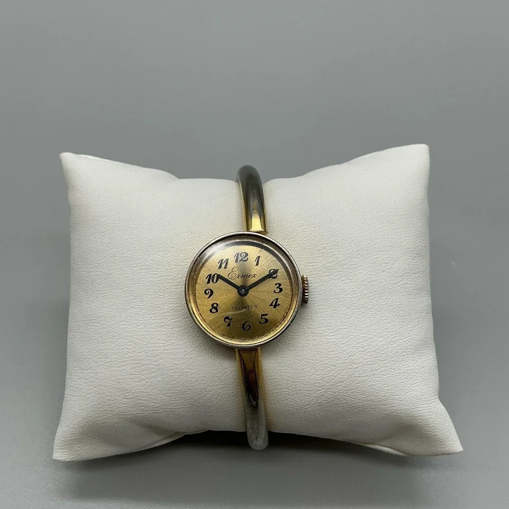 Vintage Ermex Womens Watch 22mm Champagne Dial Two Tone Bangle 17 Jewels Manual